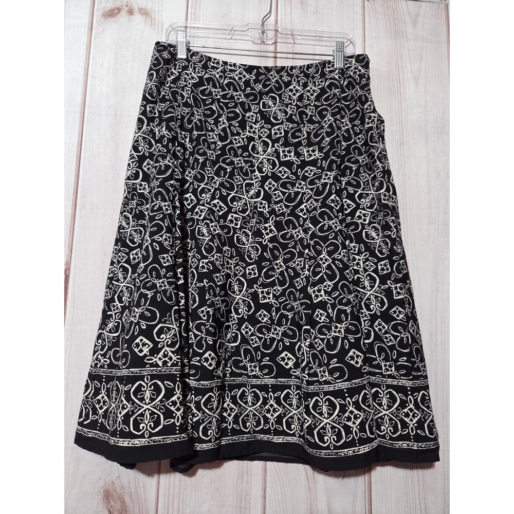 Christopher & Banks Black White Geometric Floral Satin‎ Midi Skirt Size 10